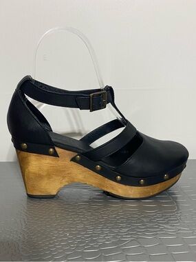 CORDANI Shoes Mary Jane Clogs Boho Wood Platform Smooth Leather Black Size 7